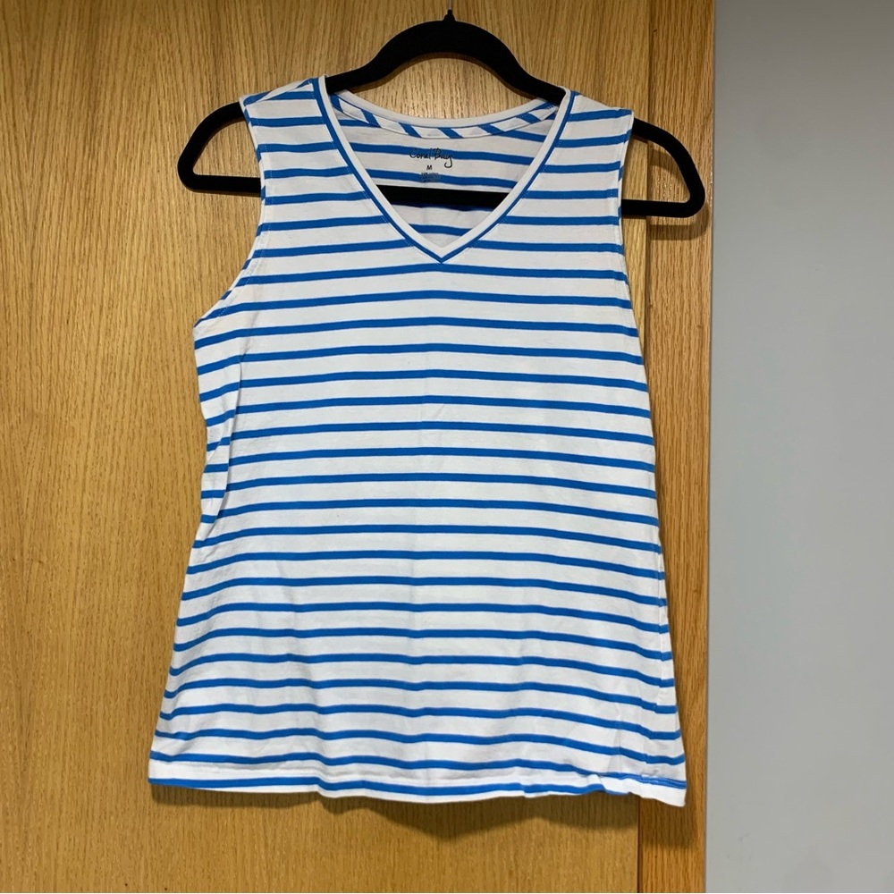 Coral Bay Blue and White Striped Sleeveless Tank - Size Medium